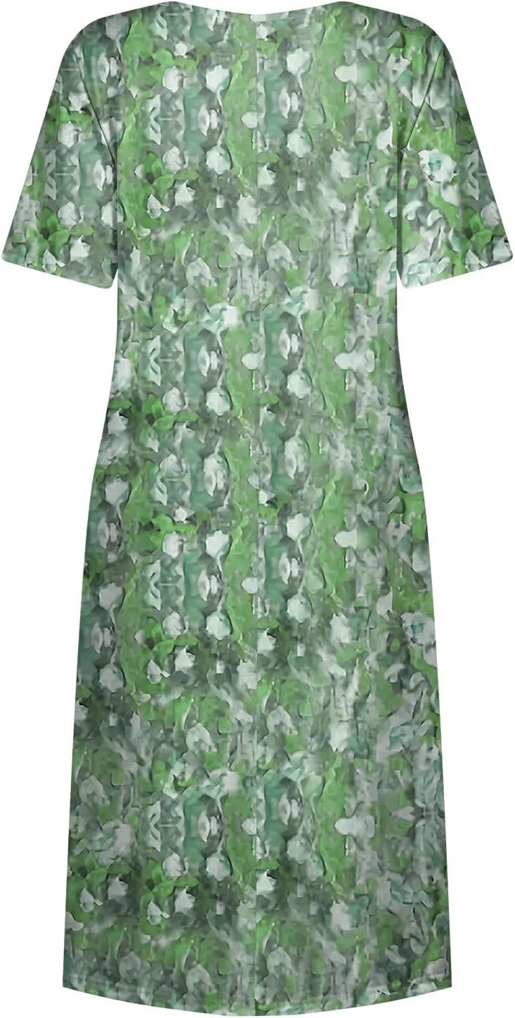 Below The Knee Short Sleeve Cover Up Ladies Dressy Classic Summer Super Soft Graphic Cotton Dress for Women.