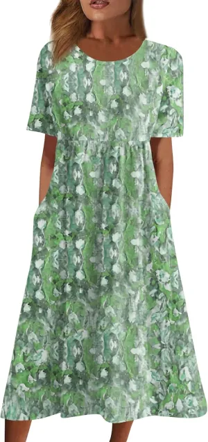 Below The Knee Short Sleeve Cover Up Ladies Dressy Classic Summer Super Soft Graphic Cotton Dress for Women.