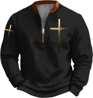 Bengbobar Mens Christian Sweatshirts Casual 1/4 Zip Jacket Jesus Cross Print Sweatshirt Fall Fashion Sweatshirts
