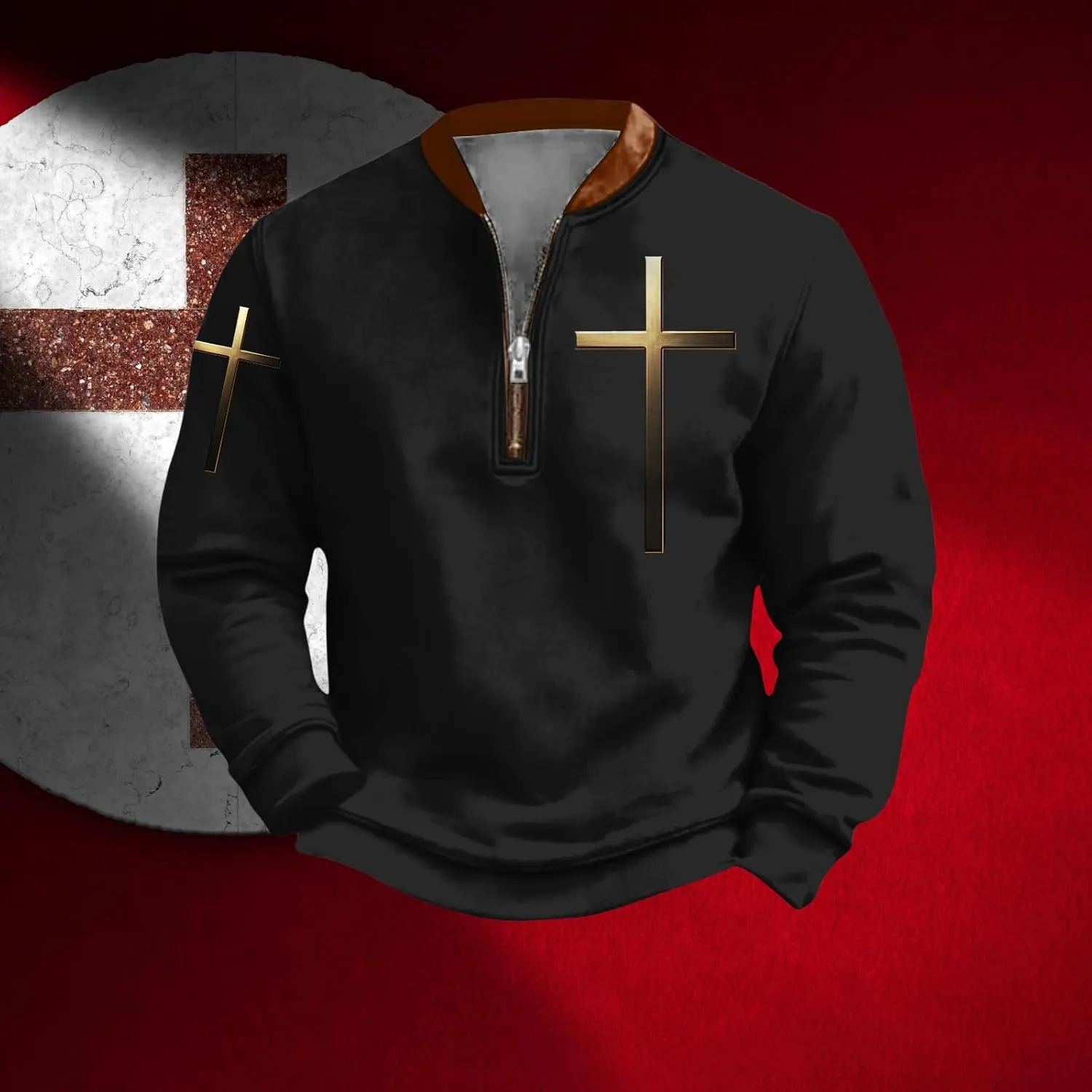 Bengbobar Mens Christian Sweatshirts Casual 1/4 Zip Jacket Jesus Cross Print Sweatshirt Fall Fashion Sweatshirts
