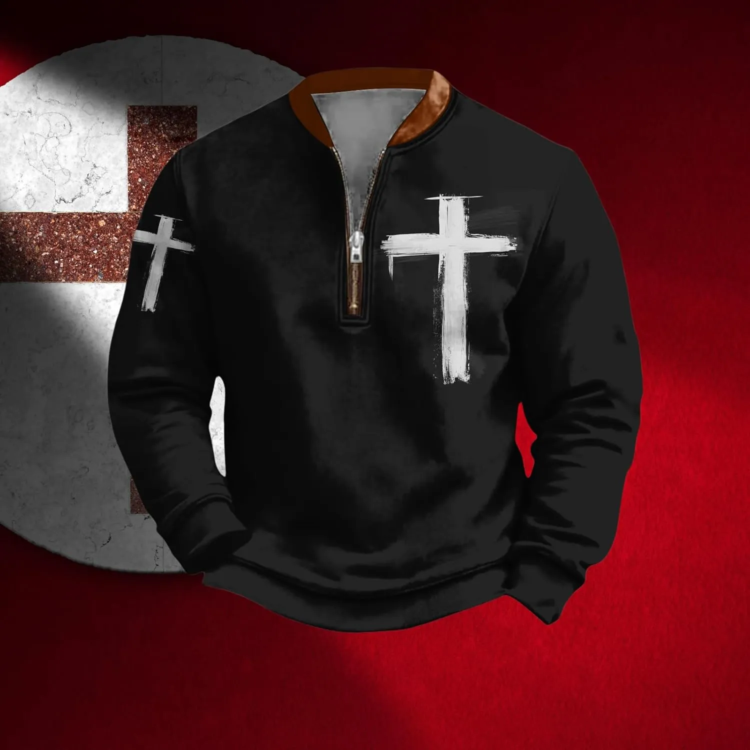 Bengbobar Mens Christian Sweatshirts Casual 1/4 Zip Jacket Jesus Cross Print Sweatshirt Fall Fashion Sweatshirts