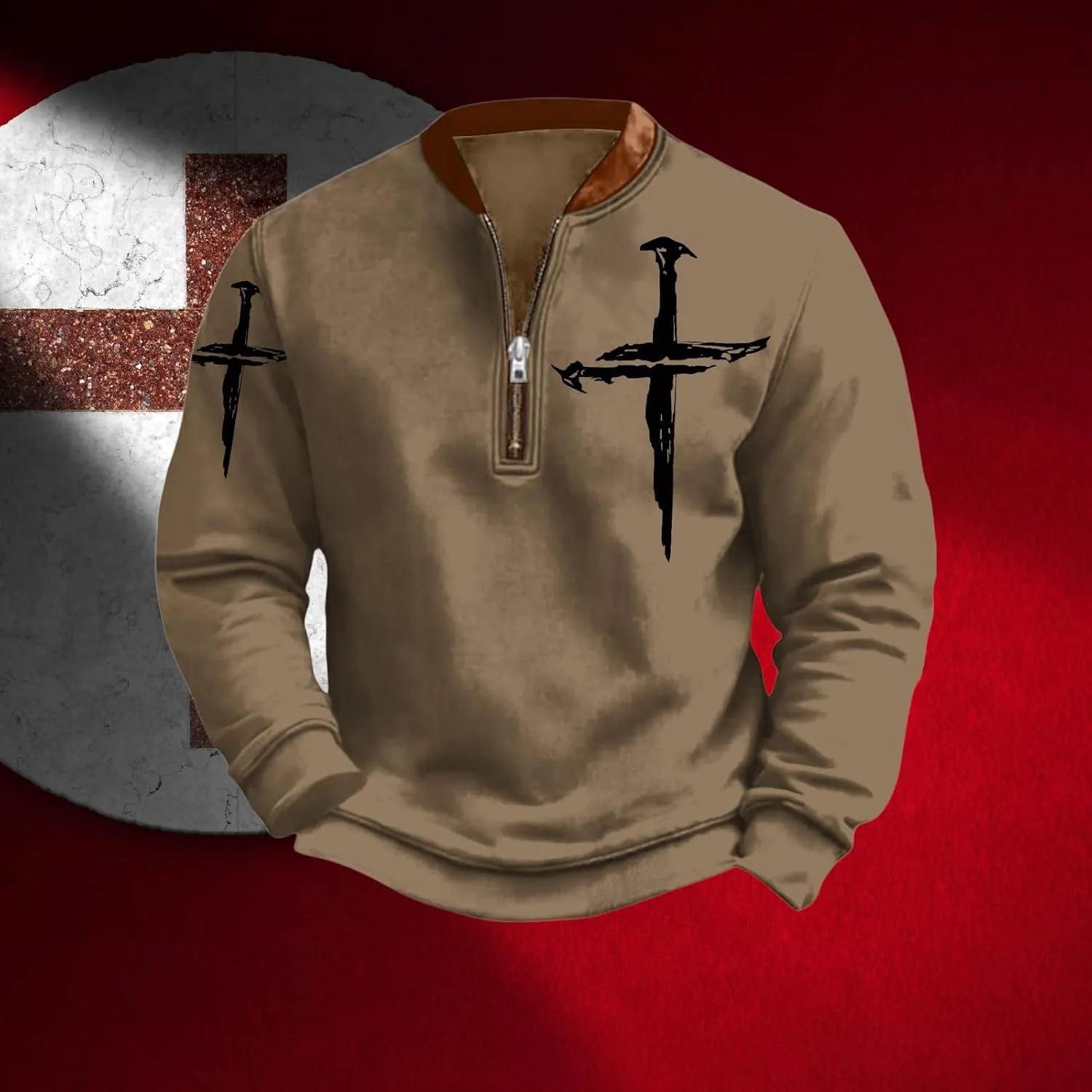 Bengbobar Mens Christian Sweatshirts Casual 1/4 Zip Jacket Jesus Cross Print Sweatshirt Fall Fashion Sweatshirts