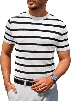 Beotyshow Mens Striped Knit T Shirts Short Sleeve Wave Textured Crew Neck Slim Fit Tee Shirts Casual Summer Tops