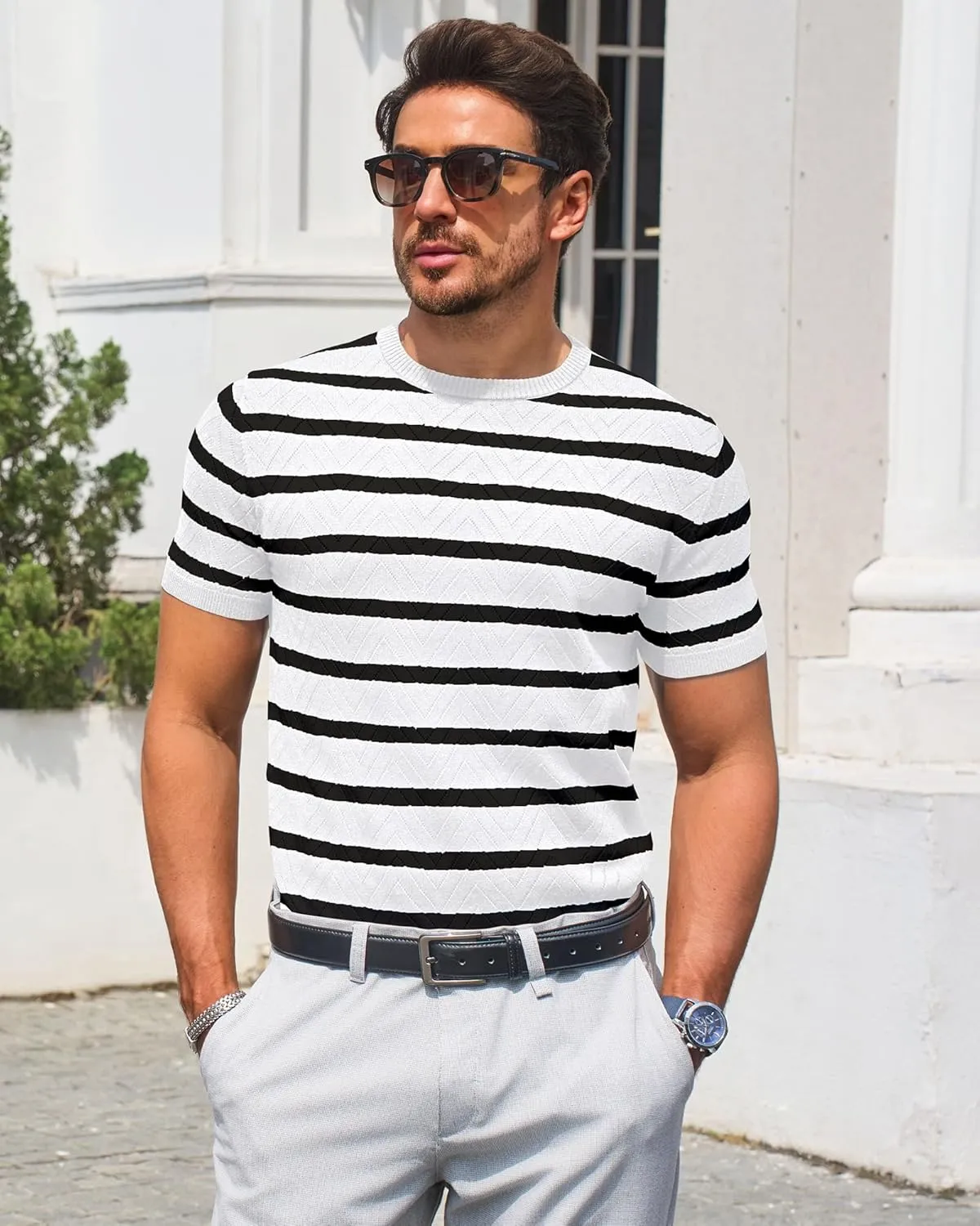 Beotyshow Mens Striped Knit T Shirts Short Sleeve Wave Textured Crew Neck Slim Fit Tee Shirts Casual Summer Tops