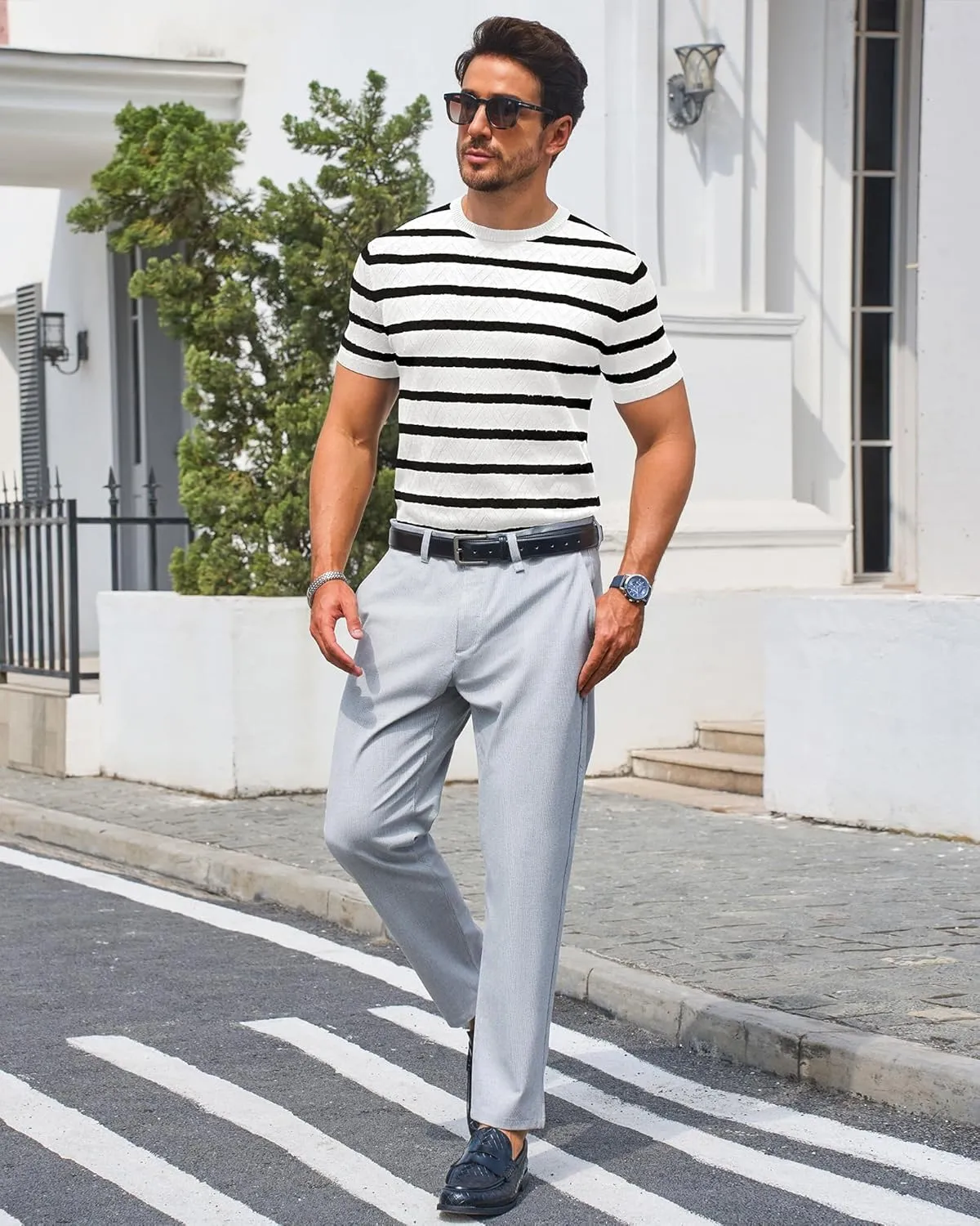 Beotyshow Mens Striped Knit T Shirts Short Sleeve Wave Textured Crew Neck Slim Fit Tee Shirts Casual Summer Tops