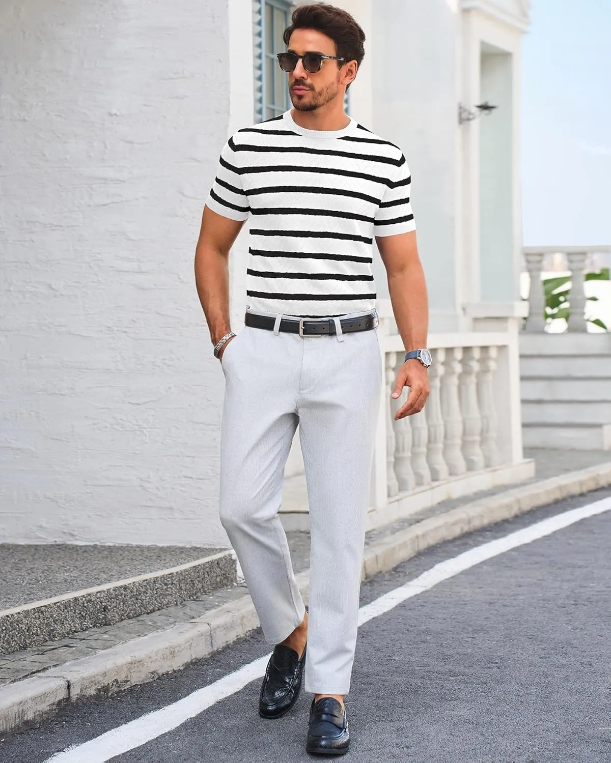 Beotyshow Mens Striped Knit T Shirts Short Sleeve Wave Textured Crew Neck Slim Fit Tee Shirts Casual Summer Tops