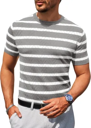 Beotyshow Mens Striped Knit T Shirts Short Sleeve Wave Textured Crew Neck Slim Fit Tee Shirts Casual Summer Tops