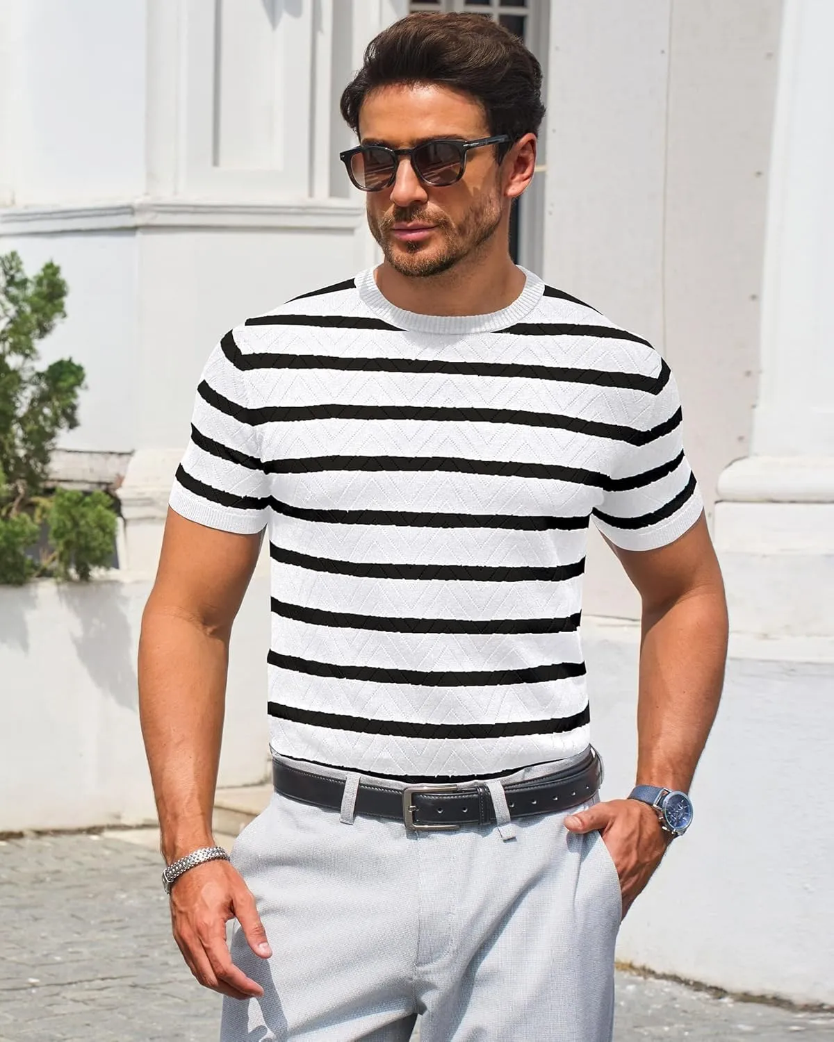 Beotyshow Mens Striped Knit T Shirts Short Sleeve Wave Textured Crew Neck Slim Fit Tee Shirts Casual Summer Tops