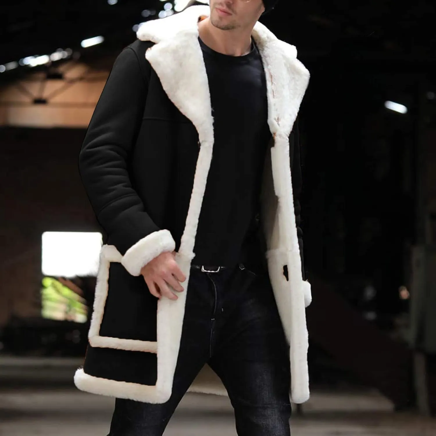 BIFUTON Winter Coats for Men,Men's Shearling Leather Coat Faux Suede Sherpa Lined Winter Thicken Warm Hooded Sheepskin Jacket
