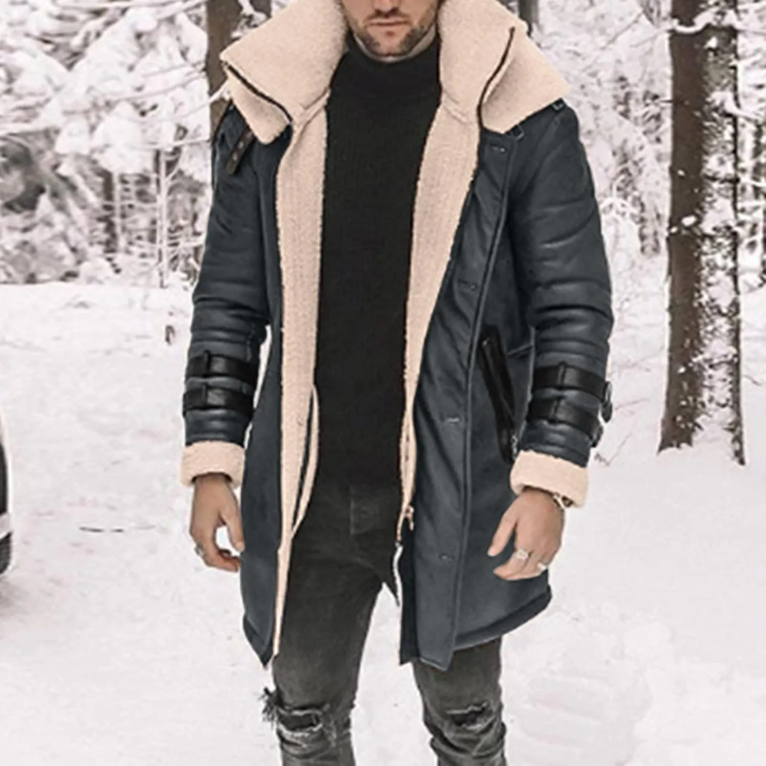 BIFUTON Winter Coats for Men,Men's Shearling Leather Coat Faux Suede Sherpa Lined Winter Thicken Warm Hooded Sheepskin Jacket