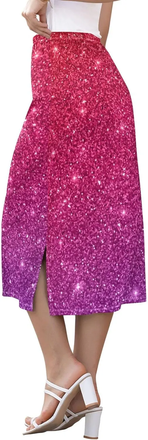 Blue Gradient Midi Skirts with Slit Women Floral Pencil Skirts Elastic Waist Cute Casual Skirts S