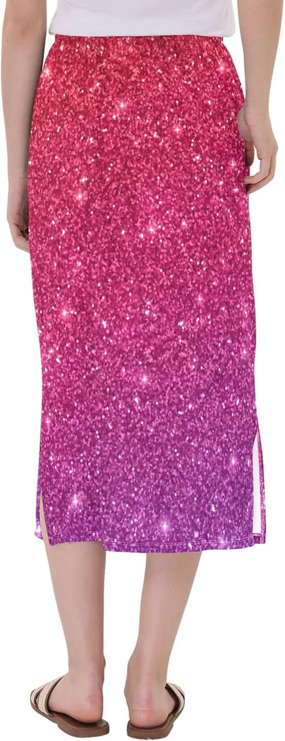 Blue Gradient Midi Skirts with Slit Women Floral Pencil Skirts Elastic Waist Cute Casual Skirts S