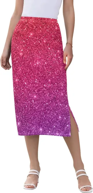 Blue Gradient Midi Skirts with Slit Women Floral Pencil Skirts Elastic Waist Cute Casual Skirts S