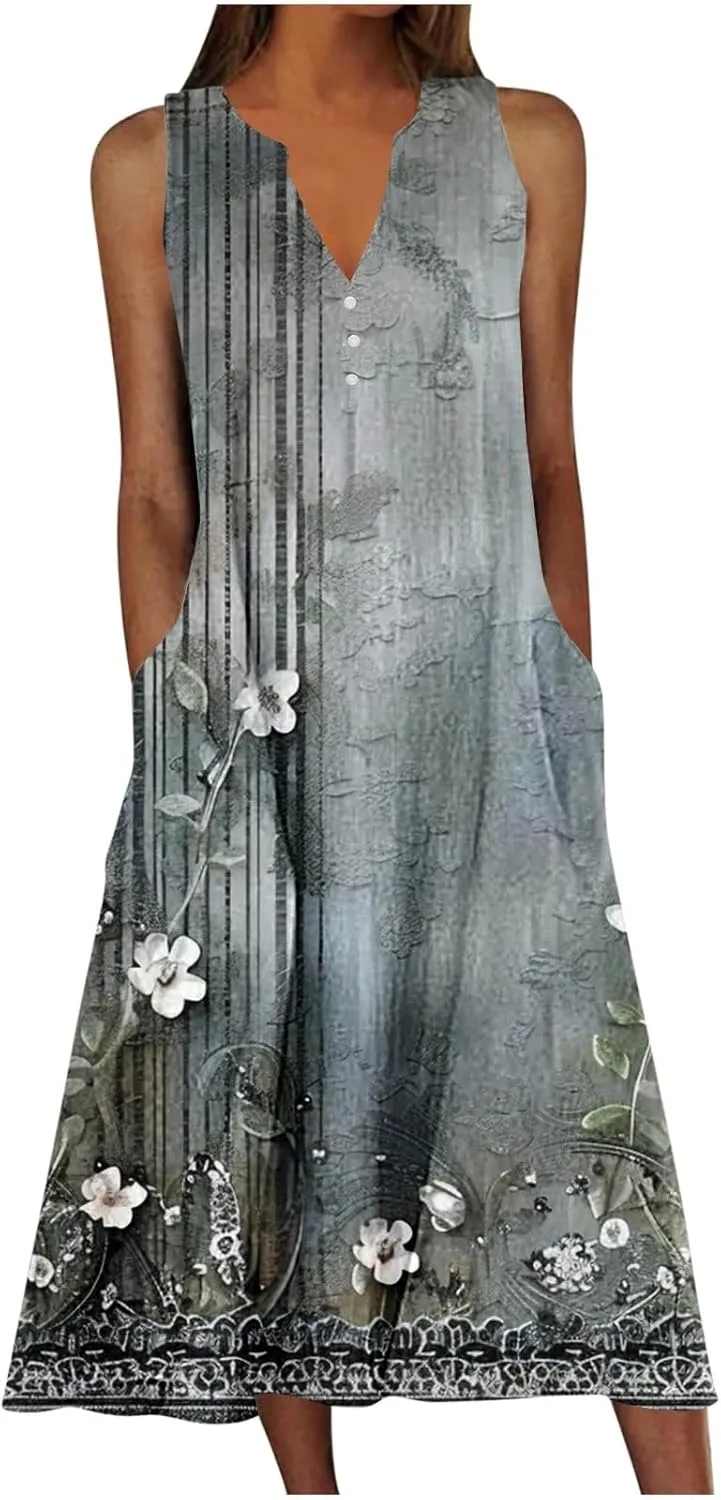 Boho Beach Dresses for Women 2025 Trendy Retro Pattern Sleeveless Dress Summer Casual Travel Vacation Outfits