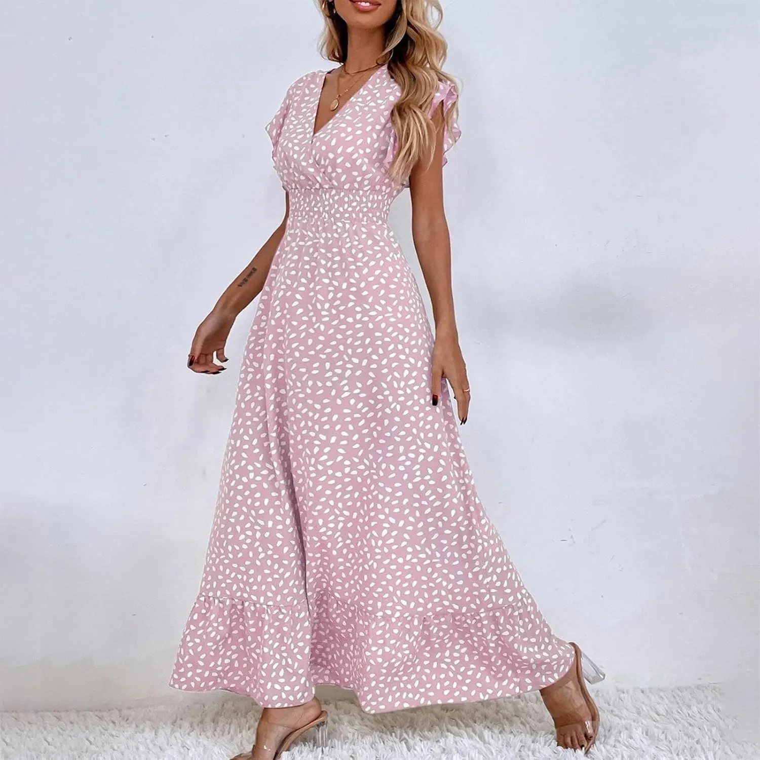 Boho Dresses for Women 2024 Summer Floral Print V Neck Maxi High Waist Wrap Dress Hawaiian Beach Flowy Dress
