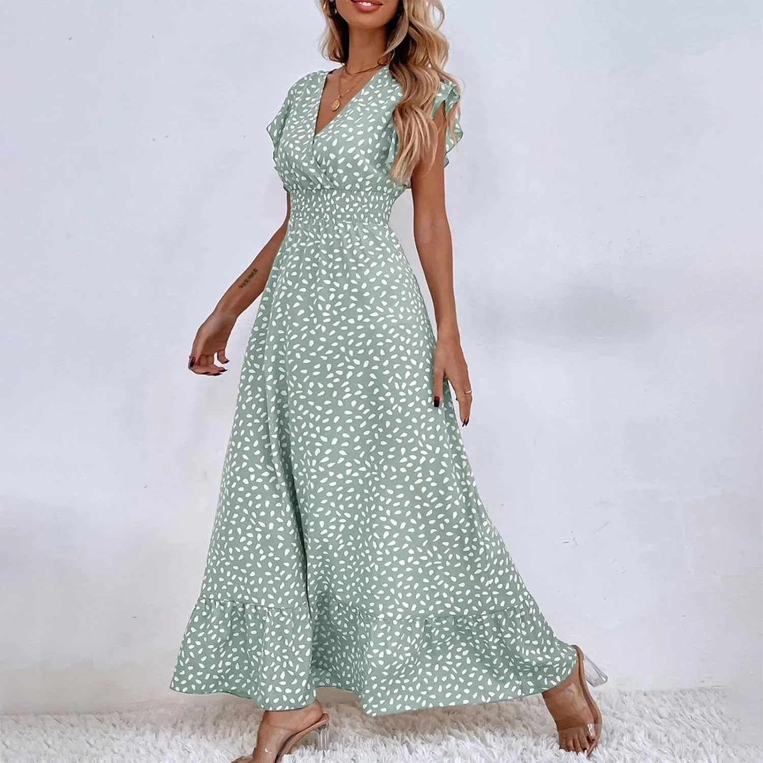 Boho Dresses for Women 2024 Summer Floral Print V Neck Maxi High Waist Wrap Dress Hawaiian Beach Flowy Dress