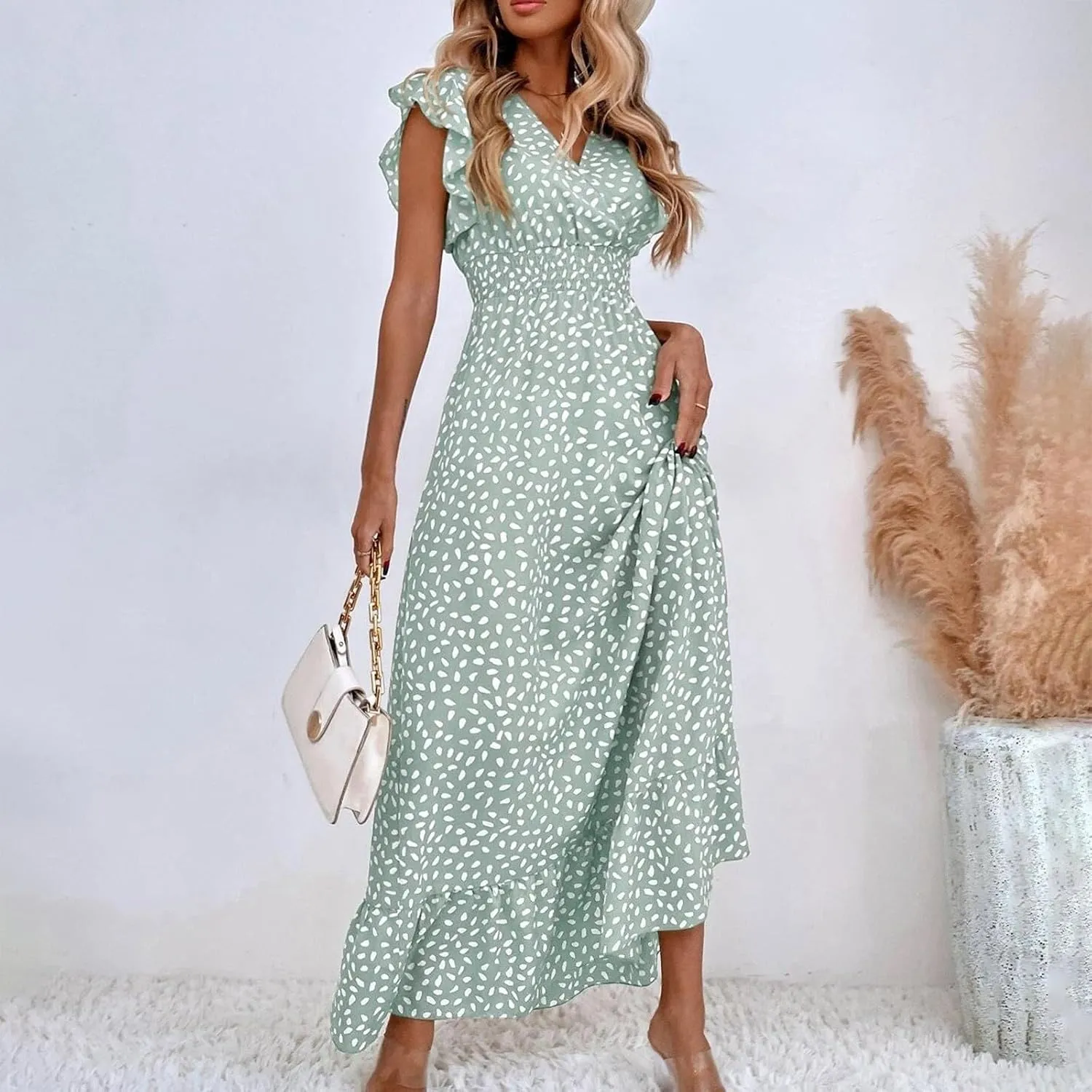Boho Dresses for Women 2024 Summer Floral Print V Neck Maxi High Waist Wrap Dress Hawaiian Beach Flowy Dress