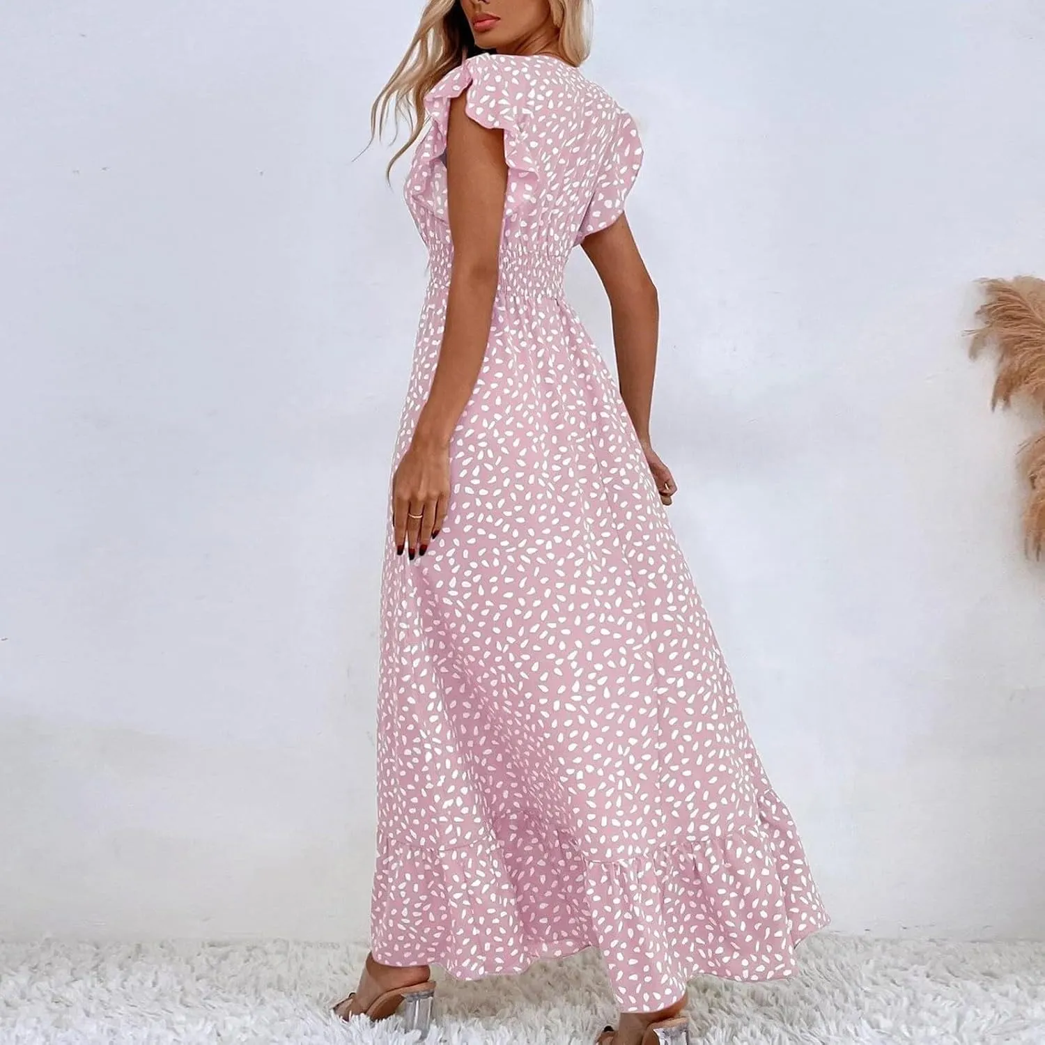 Boho Dresses for Women 2024 Summer Floral Print V Neck Maxi High Waist Wrap Dress Hawaiian Beach Flowy Dress