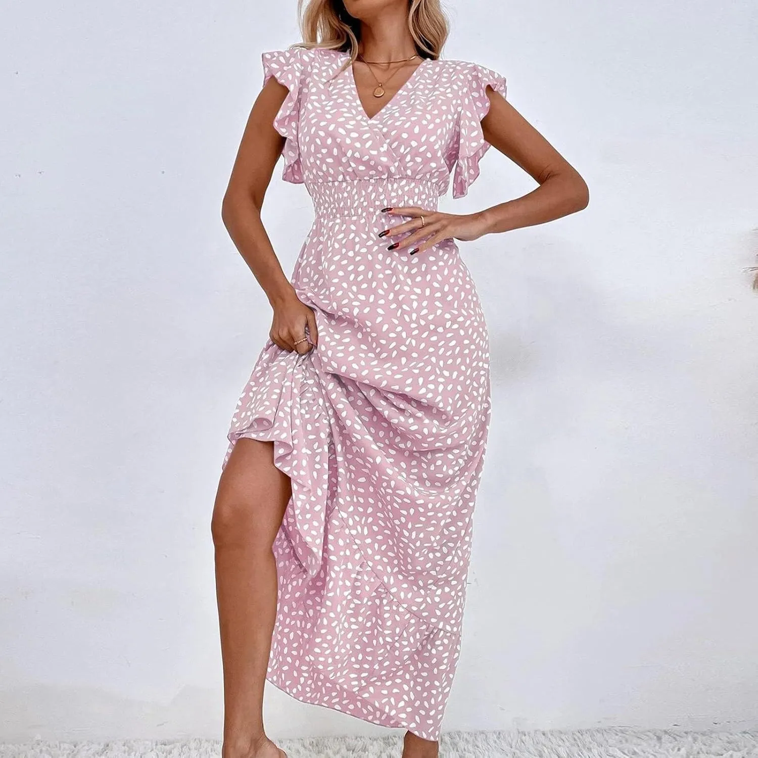 Boho Dresses for Women 2024 Summer Floral Print V Neck Maxi High Waist Wrap Dress Hawaiian Beach Flowy Dress