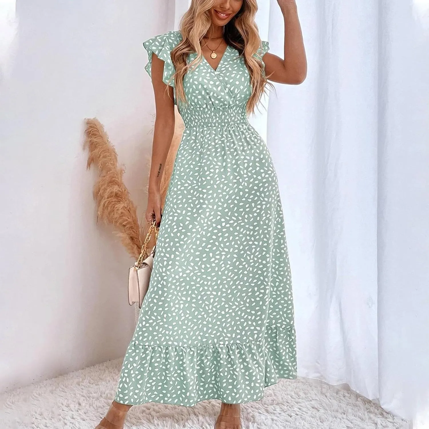 Boho Dresses for Women 2024 Summer Floral Print V Neck Maxi High Waist Wrap Dress Hawaiian Beach Flowy Dress