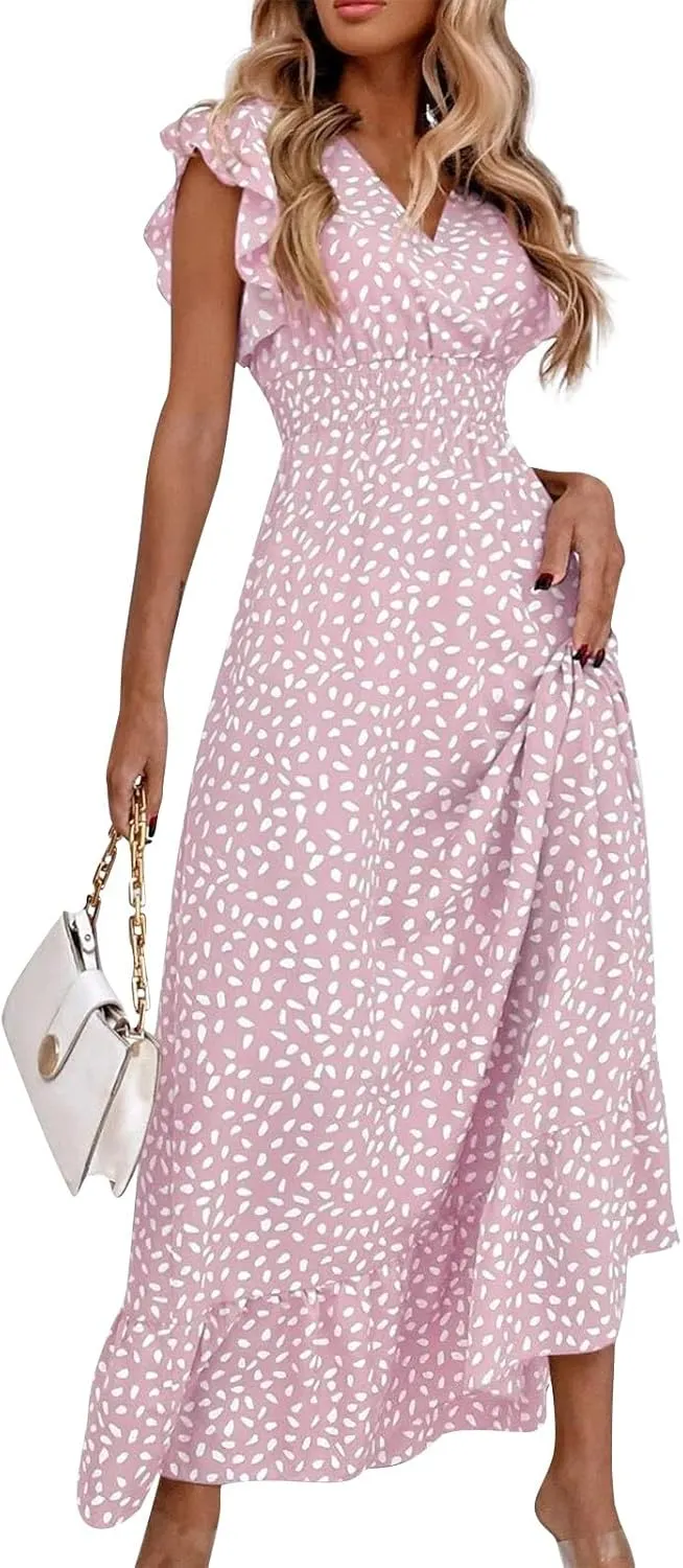 Boho Dresses for Women 2024 Summer Floral Print V Neck Maxi High Waist Wrap Dress Hawaiian Beach Flowy Dress