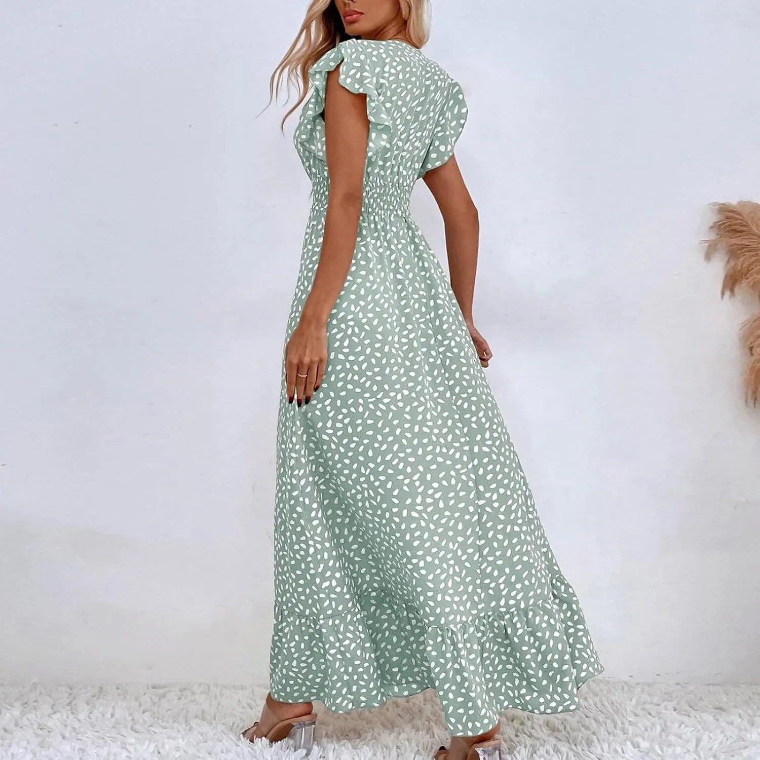 Boho Dresses for Women 2024 Summer Floral Print V Neck Maxi High Waist Wrap Dress Hawaiian Beach Flowy Dress