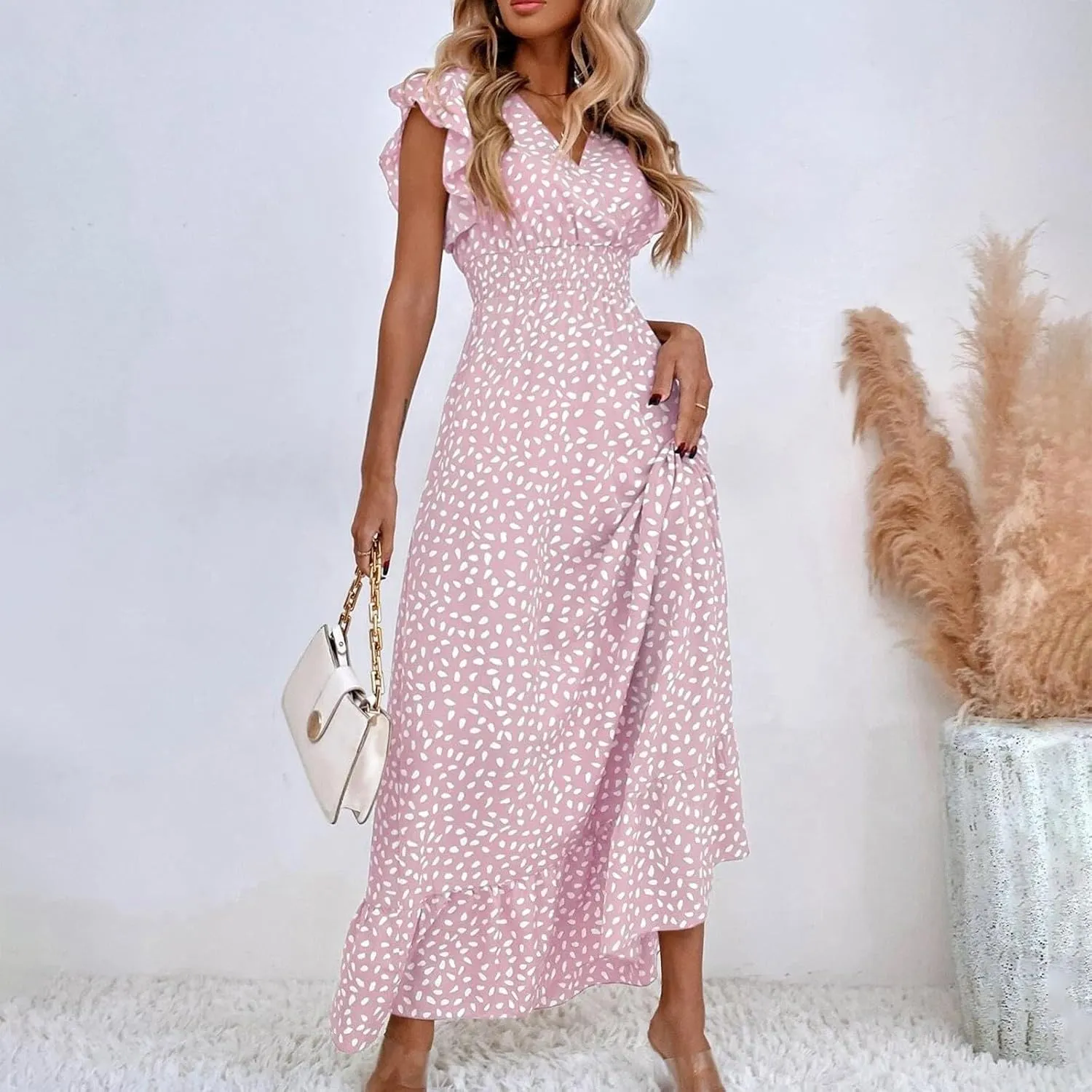 Boho Dresses for Women 2024 Summer Floral Print V Neck Maxi High Waist Wrap Dress Hawaiian Beach Flowy Dress
