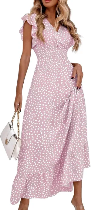 Boho Dresses for Women 2024 Summer Floral Print V Neck Maxi High Waist Wrap Dress Hawaiian Beach Flowy Dress