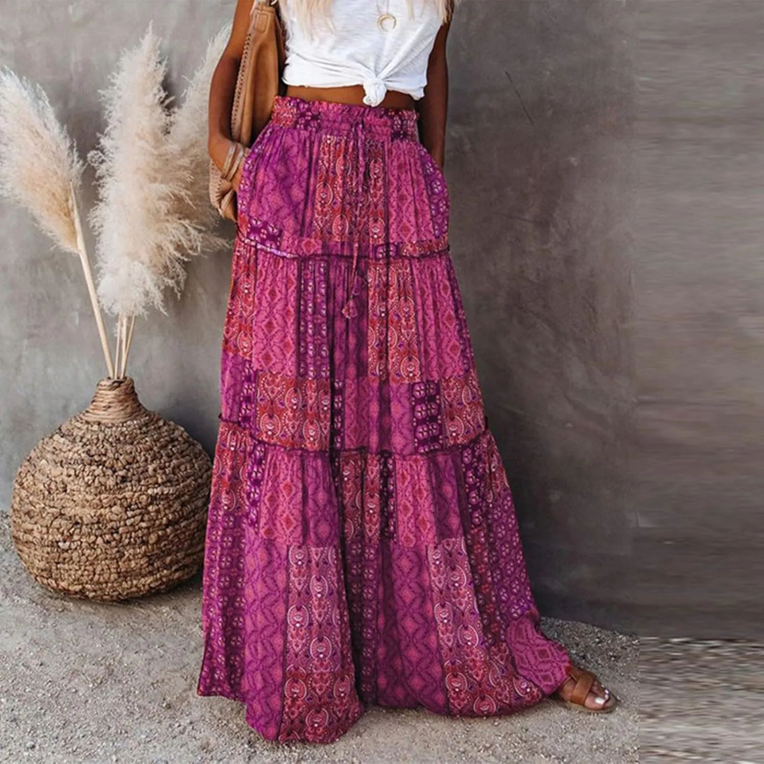 Boho Womens Tiered High Waist Tie Paisley Floral Print Long Maxi Skirt with Pockets