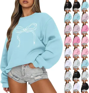 Bow Print Crewneck Sweatshirts Women Baggy Comfy Casual Fleece Oversized Sweatshirts Trendy Valentines Pullover Tops