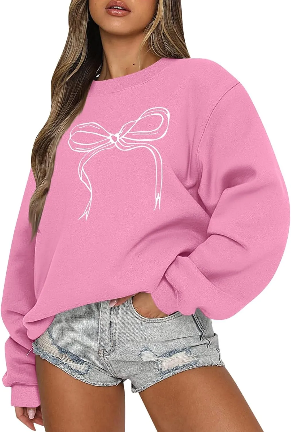 Bow Print Crewneck Sweatshirts Women Baggy Comfy Casual Fleece Oversized Sweatshirts Trendy Valentines Pullover Tops