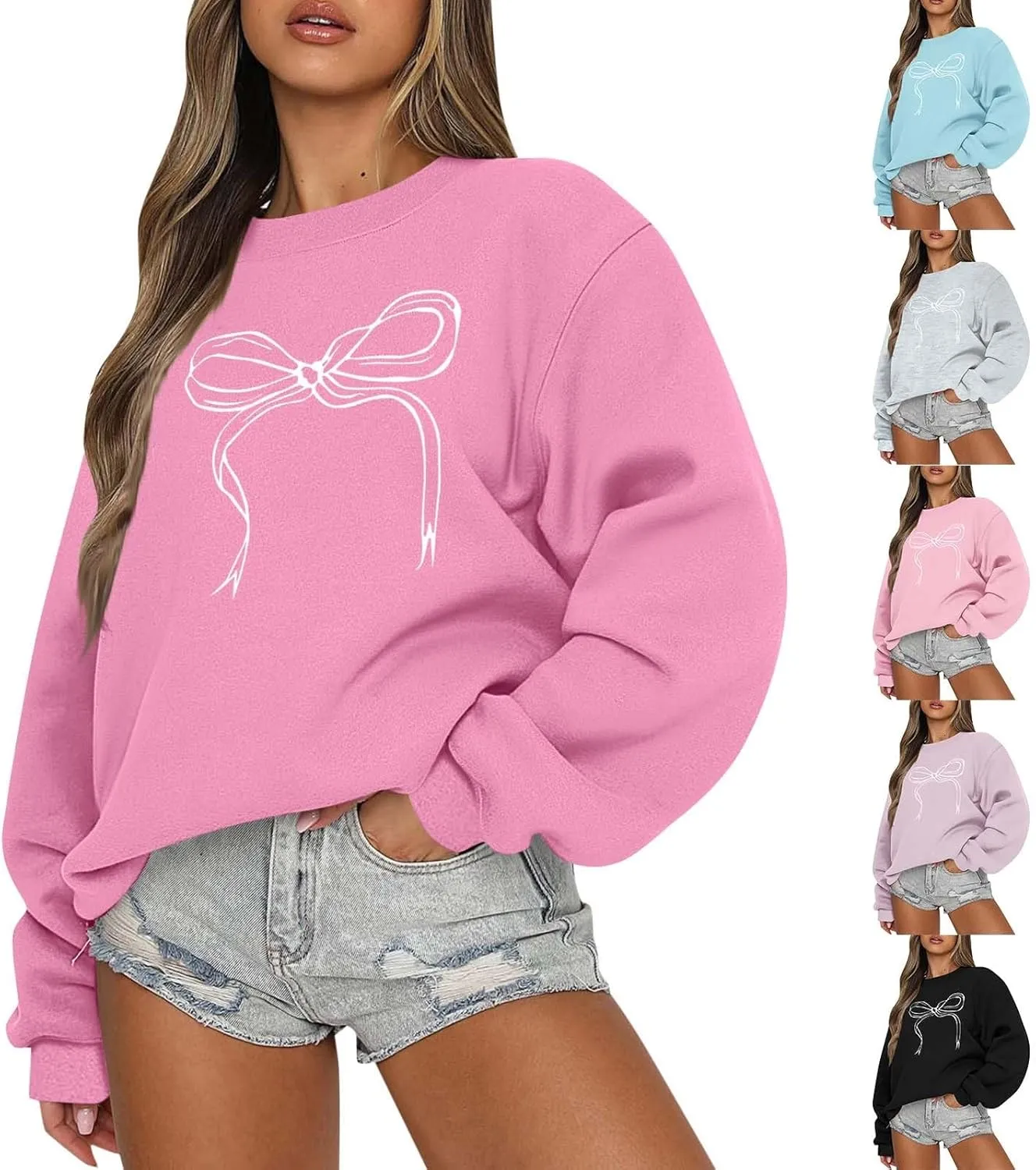 Bow Print Crewneck Sweatshirts Women Baggy Comfy Casual Fleece Oversized Sweatshirts Trendy Valentines Pullover Tops
