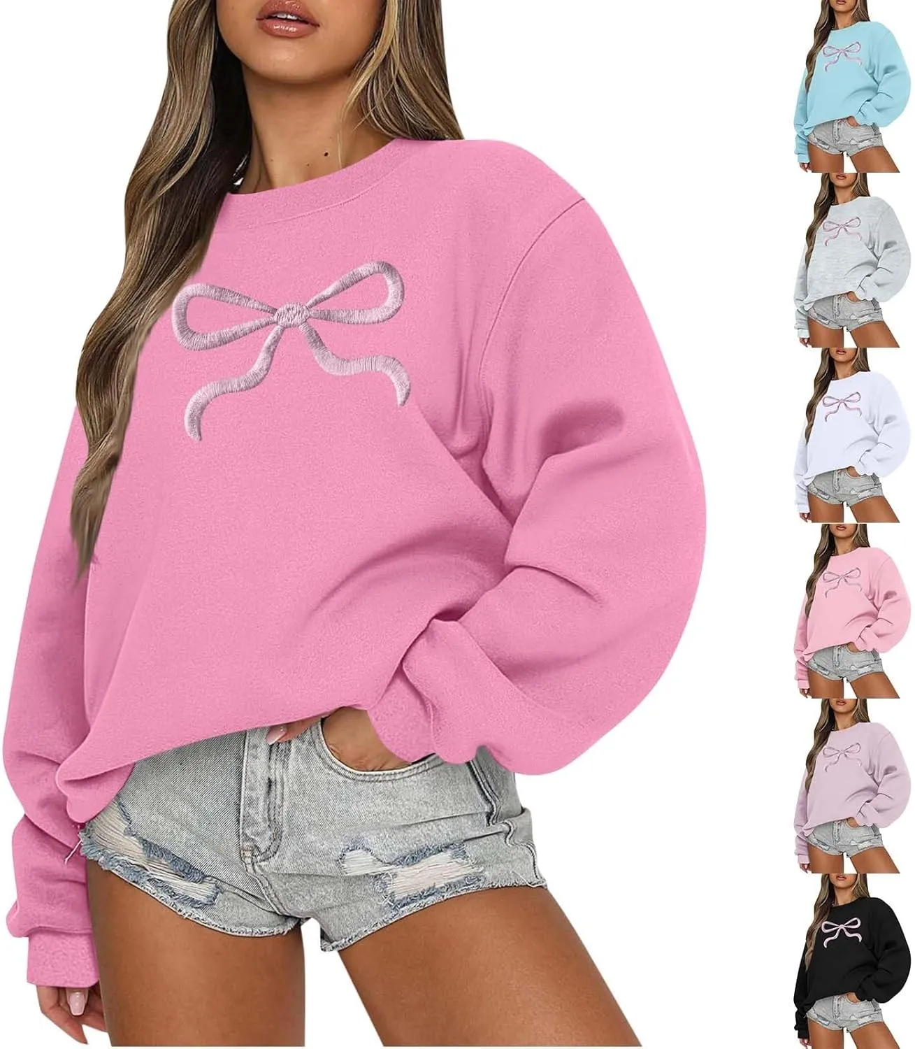 Bow Print Crewneck Sweatshirts Women Baggy Comfy Casual Fleece Oversized Sweatshirts Trendy Valentines Pullover Tops