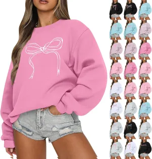 Bow Print Crewneck Sweatshirts Women Baggy Comfy Casual Fleece Oversized Sweatshirts Trendy Valentines Pullover Tops