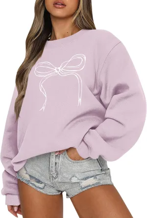 Bow Print Crewneck Sweatshirts Women Baggy Comfy Casual Fleece Oversized Sweatshirts Trendy Valentines Pullover Tops