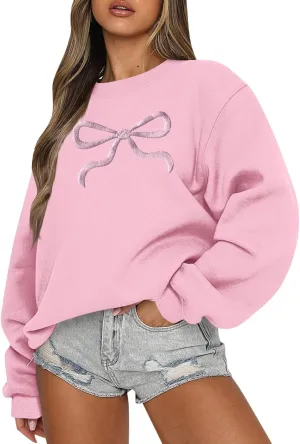 Bow Print Crewneck Sweatshirts Women Baggy Comfy Casual Fleece Oversized Sweatshirts Trendy Valentines Pullover Tops