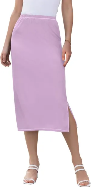 Bronze Side Slit Midi Skirt Women Cute Pencil Skirts Elastic Waist Ladies Skirts