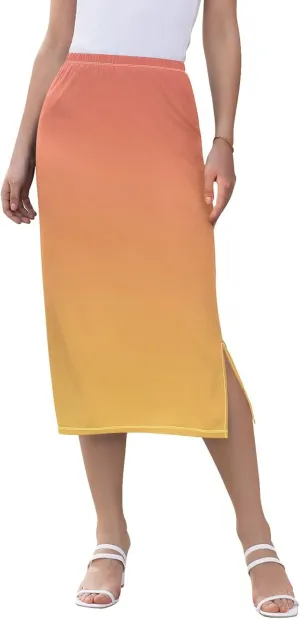 Bronze Side Slit Midi Skirt Women Cute Pencil Skirts Elastic Waist Ladies Skirts