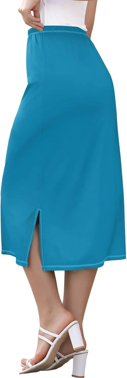 Bronze Side Slit Midi Skirt Women Cute Pencil Skirts Elastic Waist Ladies Skirts