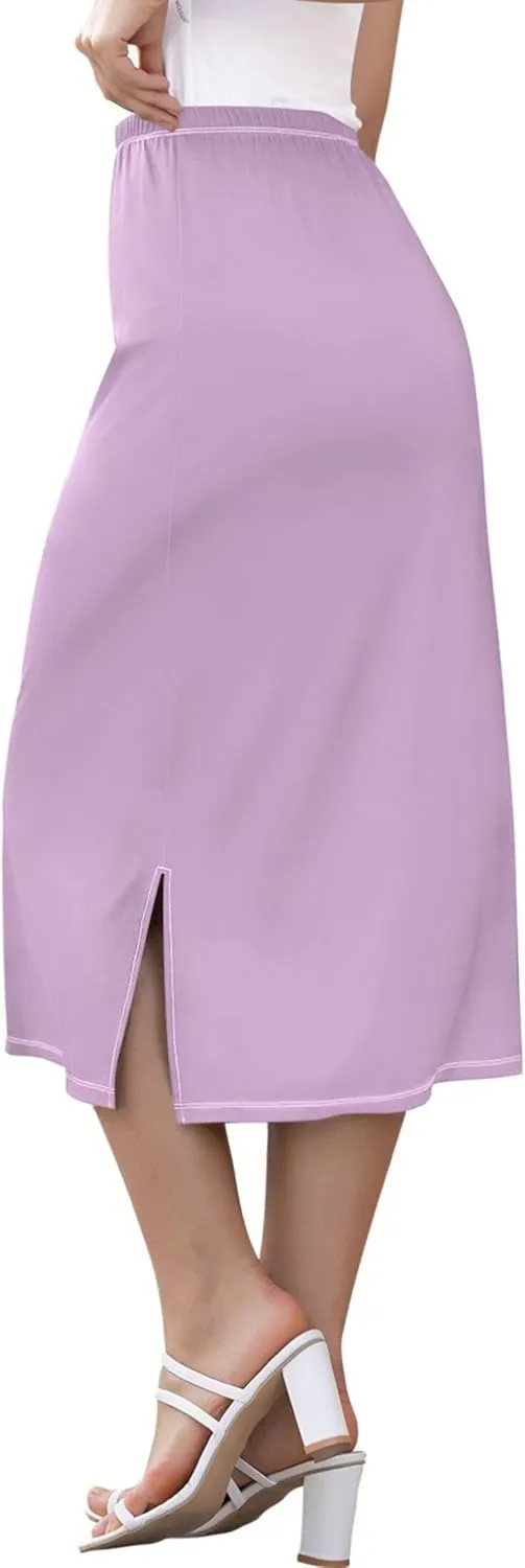 Bronze Side Slit Midi Skirt Women Cute Pencil Skirts Elastic Waist Ladies Skirts