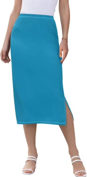 Bronze Side Slit Midi Skirt Women Cute Pencil Skirts Elastic Waist Ladies Skirts