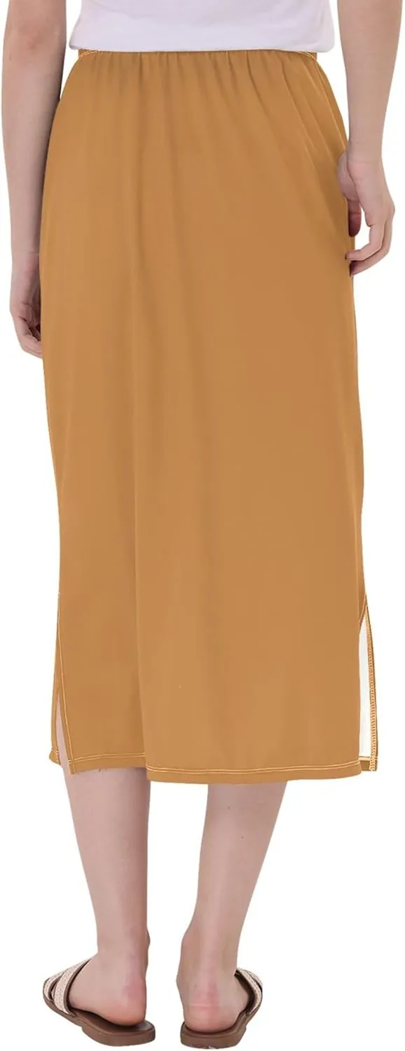 Bronze Side Slit Midi Skirt Women Cute Pencil Skirts Elastic Waist Ladies Skirts