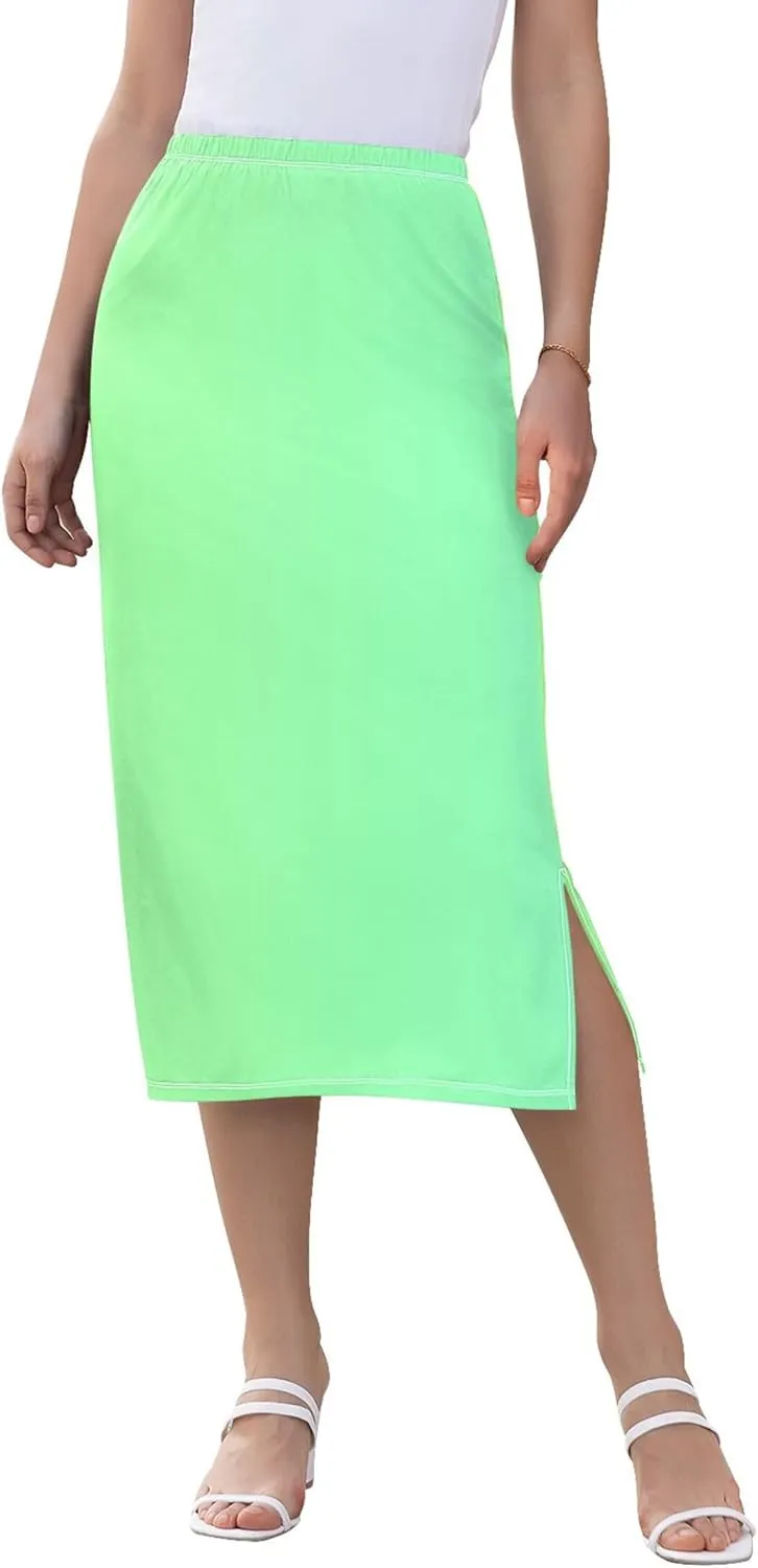 Bronze Side Slit Midi Skirt Women Cute Pencil Skirts Elastic Waist Ladies Skirts