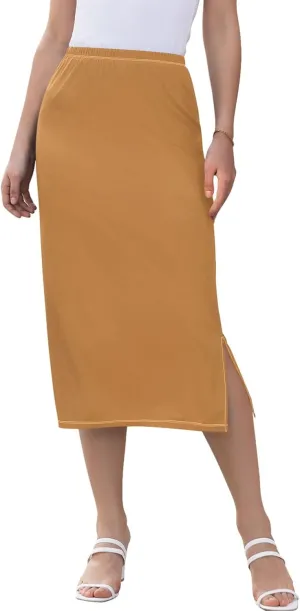 Bronze Side Slit Midi Skirt Women Cute Pencil Skirts Elastic Waist Ladies Skirts