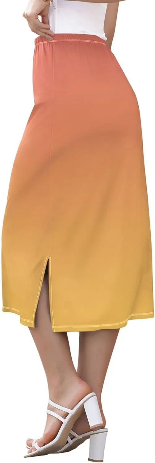 Bronze Side Slit Midi Skirt Women Cute Pencil Skirts Elastic Waist Ladies Skirts