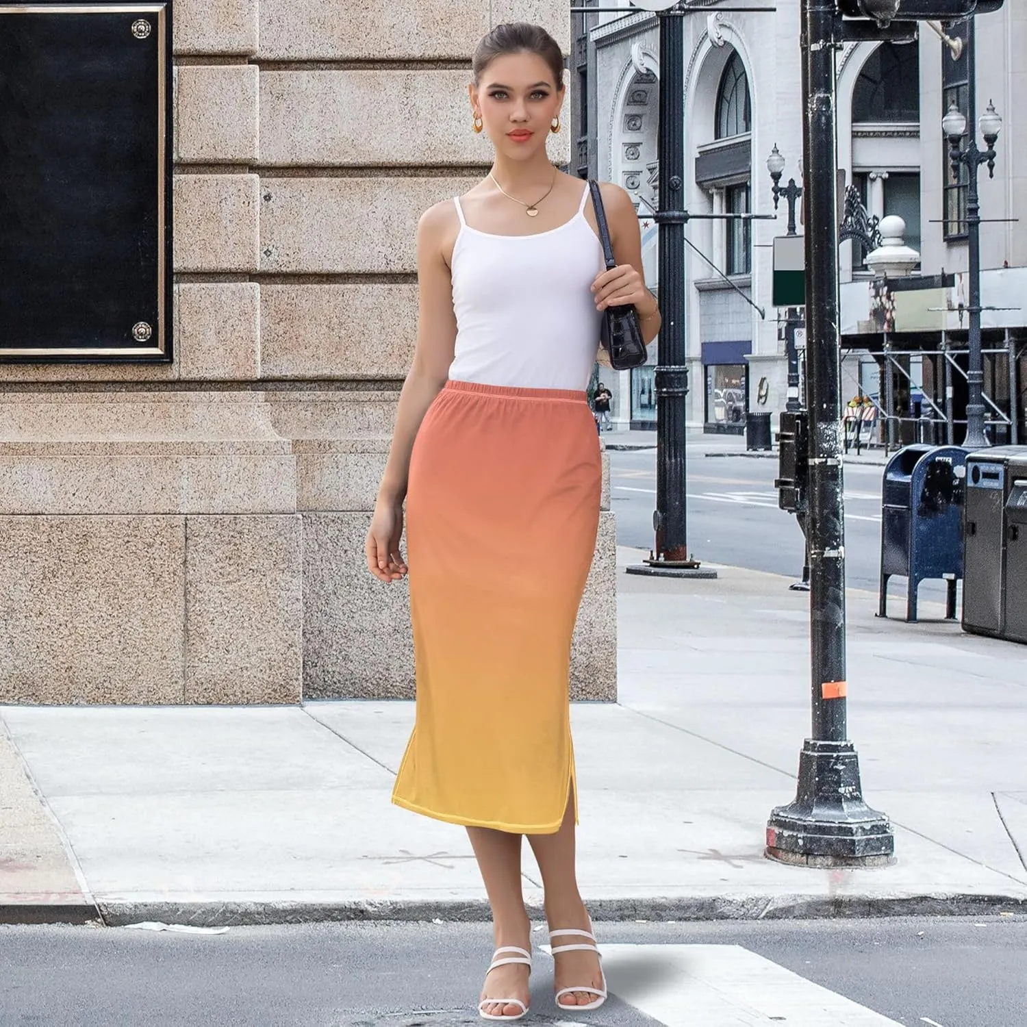 Bronze Side Slit Midi Skirt Women Cute Pencil Skirts Elastic Waist Ladies Skirts