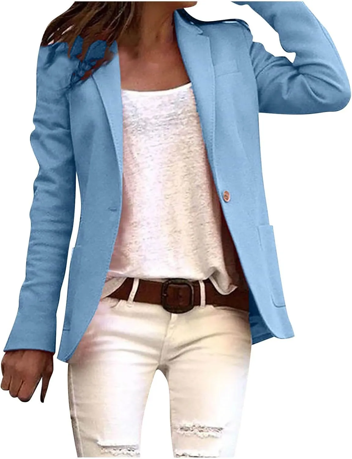 Business Casual Blazer for Women Lightweight Open Front Button Suit Jacket Long Sleeve Lapel Work Office Blazer Tops