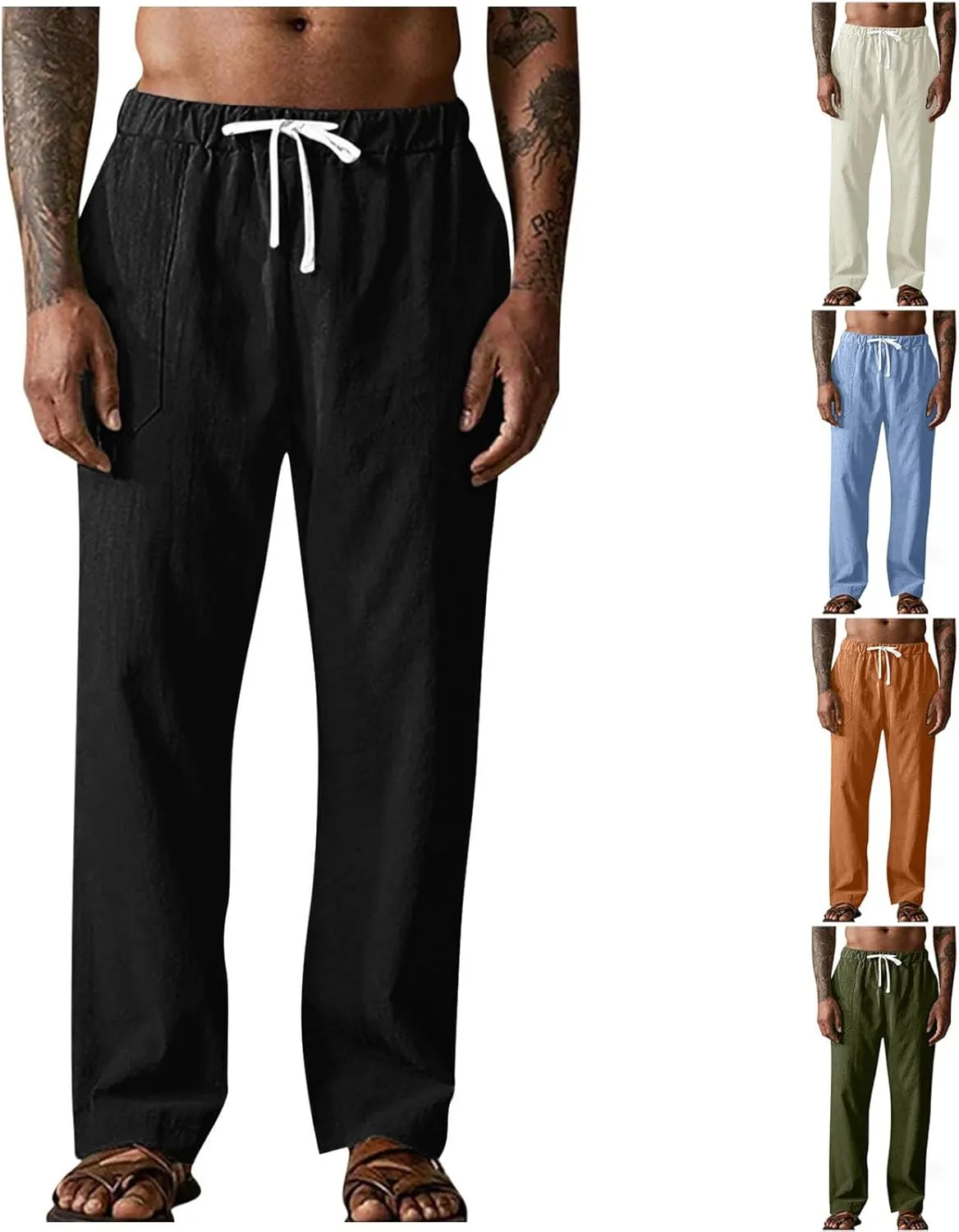 Cambkatl Men's Cotton Linen Travel Pants Lightweight Casual Summer Drawstring Elastic Waist Loose Lounge Pants with Pockets