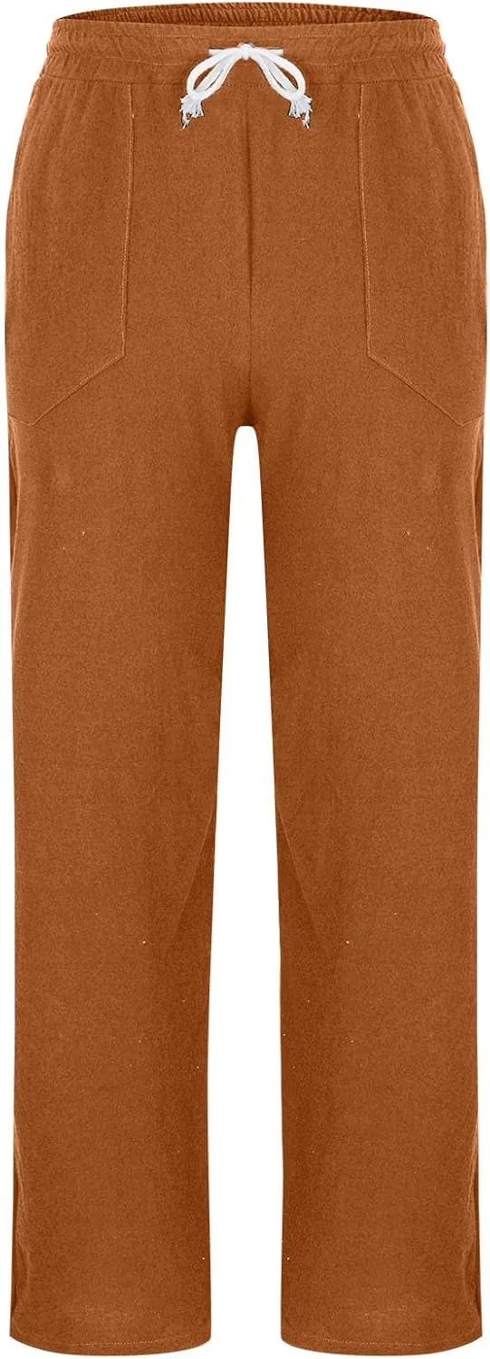 Cambkatl Men's Cotton Linen Travel Pants Lightweight Casual Summer Drawstring Elastic Waist Loose Lounge Pants with Pockets