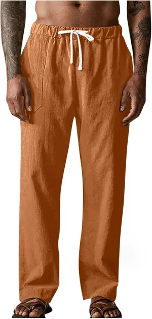 Cambkatl Men's Cotton Linen Travel Pants Lightweight Casual Summer Drawstring Elastic Waist Loose Lounge Pants with Pockets